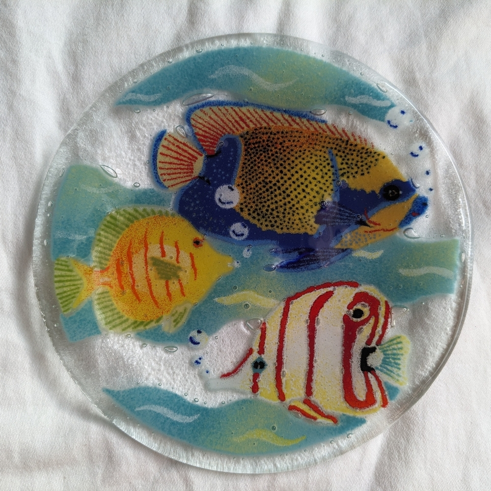 Vintage Peggy Karr Coral Reef Fused Glass Art Plate Signed